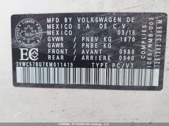 3VWC57BU7KM011419 Volkswagen 1.4 tsi