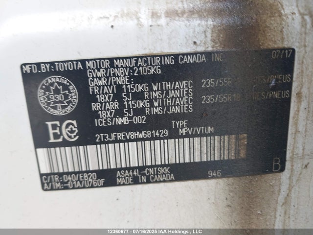2T3JFREV8HW681429 Toyota 2ar-fe