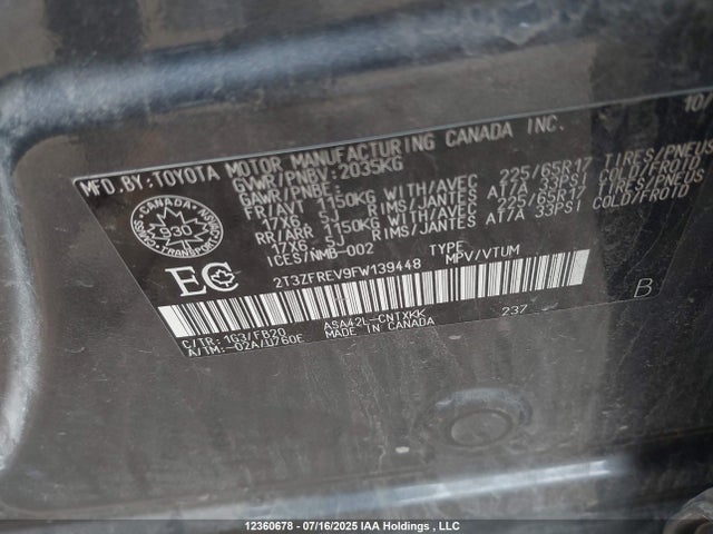 2T3ZFREV9FW139448 Toyota 2ar-fe