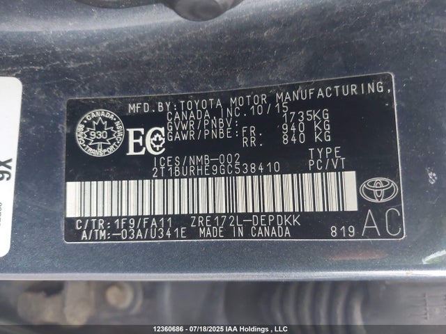 2T1BURHE9GC538410 Toyota 2zr-fe