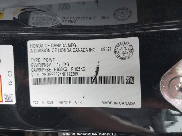 Aukcja sprzedaży 2022 Honda Civic Lx, vin: 2HGFE2F24NH112269, numer aukcji: 12360700