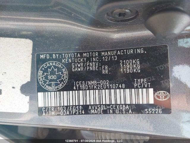 Toyota 2ar-fxe+2jm 2014 4T1BD1FK2EU110748 Image 18