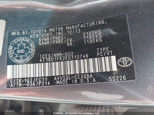 Toyota 2ar-fxe+2jm 2014 4T1BD1FK2EU110748 Image 9