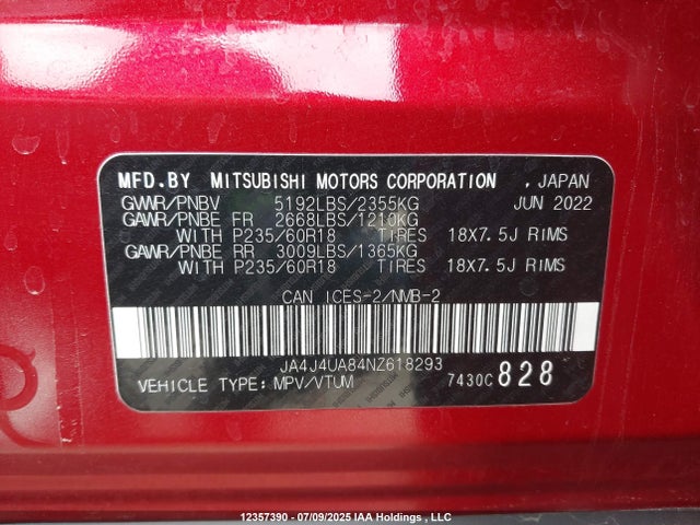 JA4J4UA84NZ618293 Mitsubishi Outlander