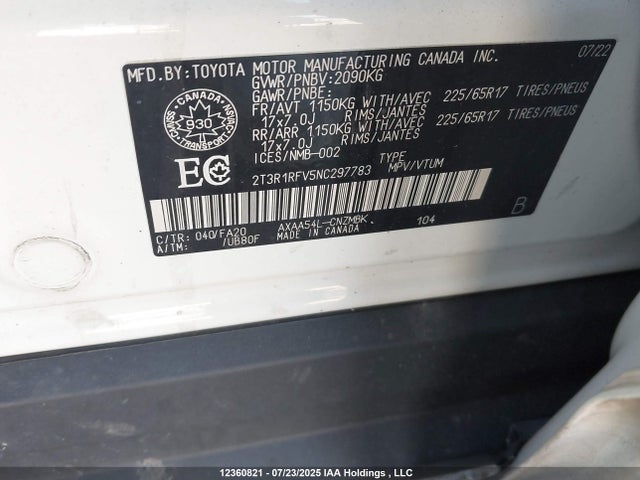 12360821 :رقم المزاد ، 2T3R1RFV5NC297783 vin ، 2022 Toyota Rav4 Xle مزاد بيع