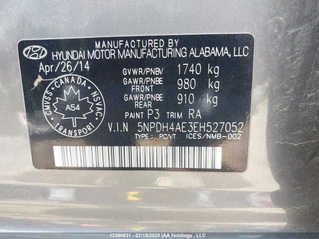 5NPDH4AE3EH527052 Hyundai dohc mpi nu