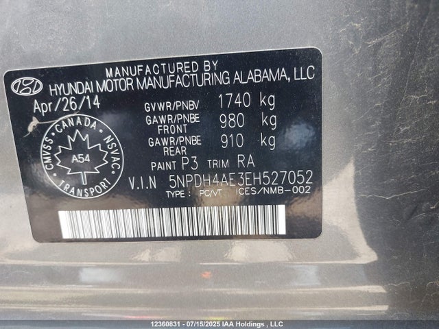 5NPDH4AE3EH527052 Hyundai dohc mpi nu