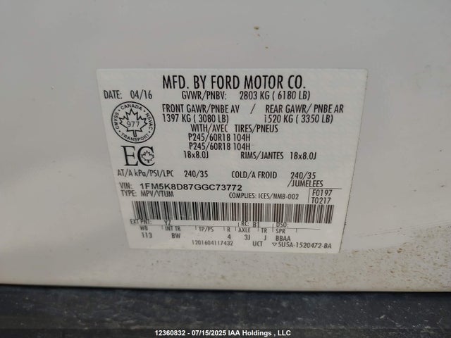 1FM5K8D87GGC73772 Ford Explorer