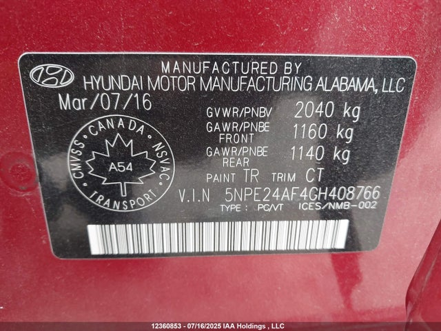 5NPE24AF4GH408766 Hyundai dohc gdi theta-ii