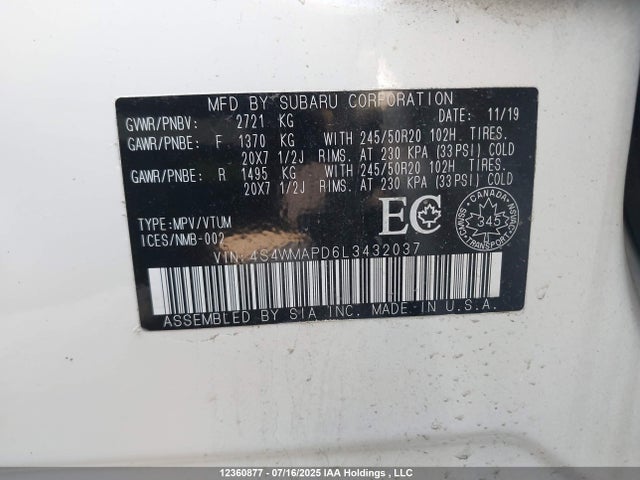 4S4WMAPD6L3432037 Subaru Ascent