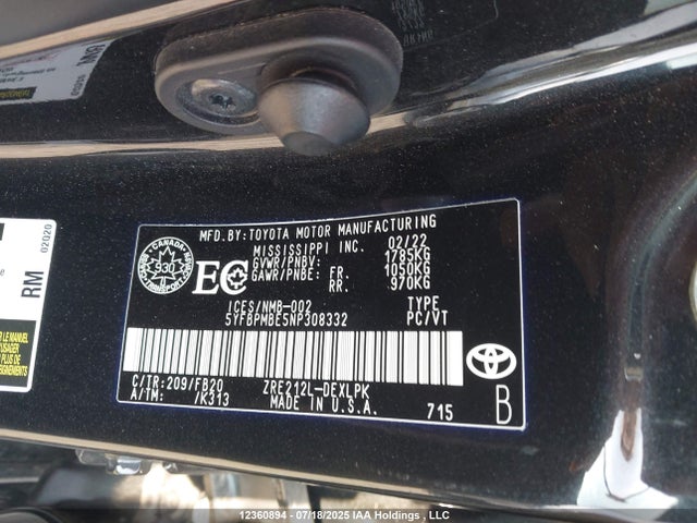 5YFBPMBE5NP308332 Toyota 2zr-fae