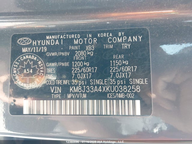 KM8J33A4XKU038258 Hyundai gdi nu