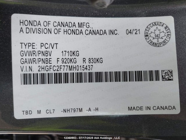 Honda l15b7 2021 2HGFC2F77MH015437 Image 19