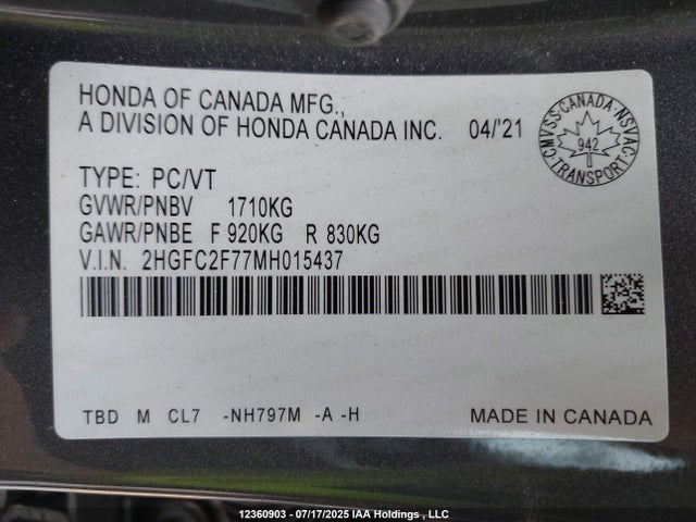 Honda l15b7 2021 2HGFC2F77MH015437 Image 9