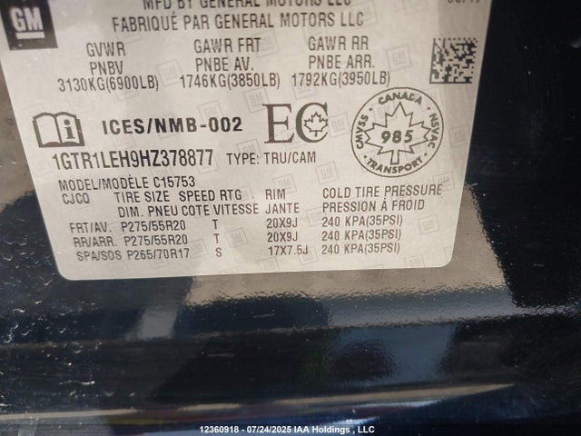 1GTR1LEH9HZ378877 GMC lv3 - sidi: spark ignited direct injection, vvt: variable valve timing, e85 max, alum, gen 5