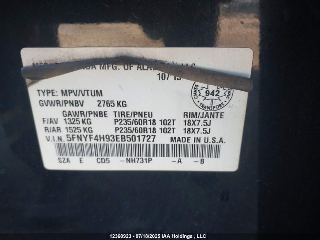 5FNYF4H93EB501727 Honda j35z4