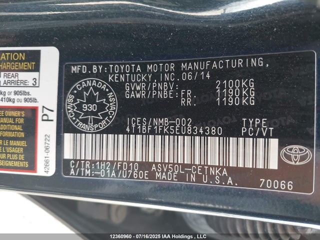 4T1BF1FK5EU834380 Toyota 2ar-fe