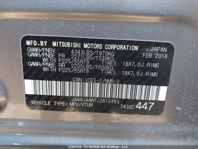 12361010 :رقم المزاد ، JA4AJ4AW7JZ610383 vin ، 2018 Mitsubishi Rvr Gt/se Anniversary Edition/se Limited Edition مزاد بيع