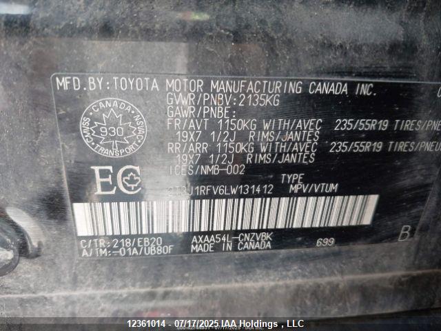 2T3J1RFV6LW131412 Toyota a25a-fks