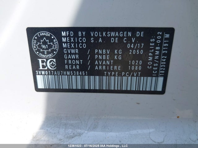3VW017AU7HM538451 Volkswagen 1.8 tsi