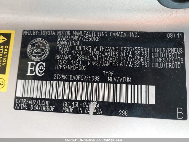 2T2BK1BA0FC275098 Lexus 2gr-fe
