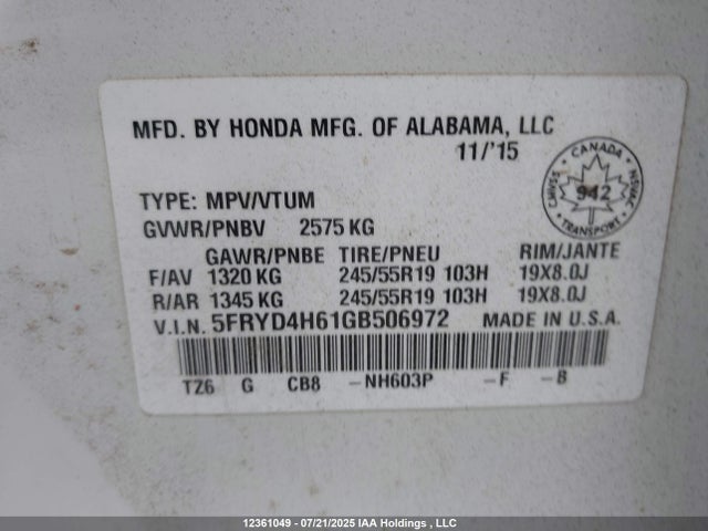 Acura j35y5 2016 5FRYD4H61GB506972 Image 9