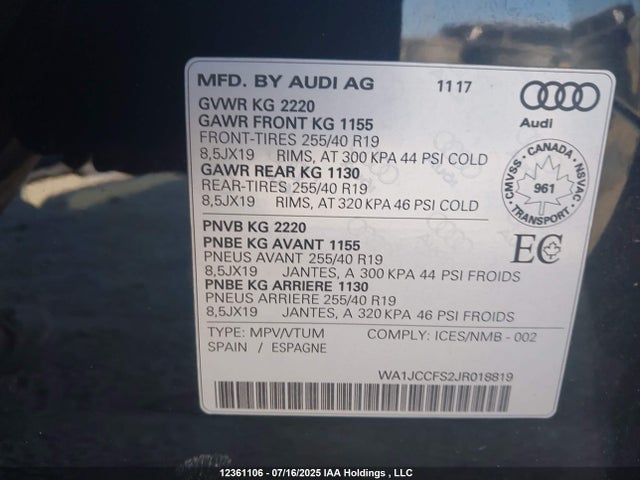 WA1JCCFS2JR018819 Audi 2018
