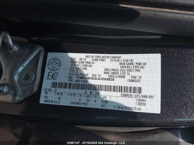 1FMCU9HDXJUD09820 Ford 1.5l gtdi sigma w/premium fuel