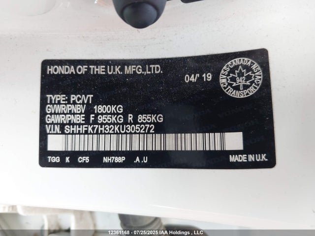 SHHFK7H32KU305272 Honda l15ba