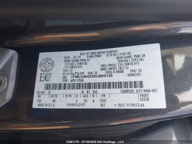 1FMCU9HD3KUB89120 Ford 1.5l gtdi sigma w/premium fuel