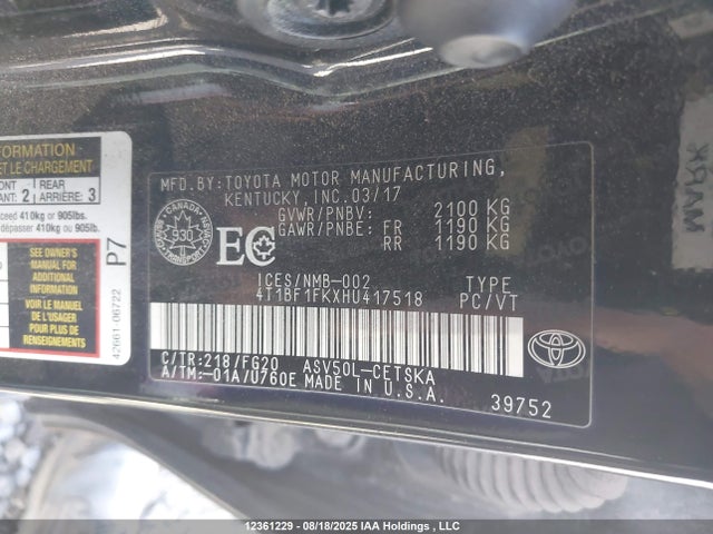 4T1BF1FKXHU417518 Toyota CAMRY SE