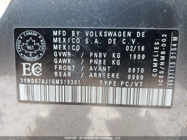 3VWD67AJ1GM319301 Volkswagen 2016