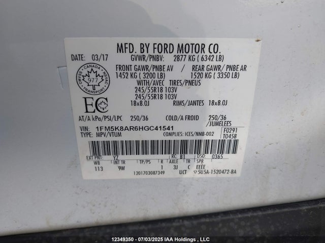 1FM5K8AR6HGC41541 Ford 3.7l ti-vct