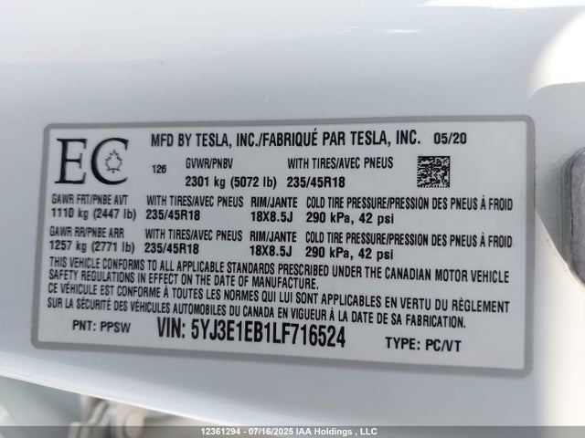 5YJ3E1EB1LF716524 Tesla MODEL 3