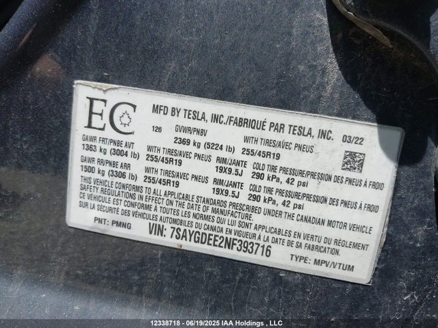 Tesla Model Y 2022 7SAYGDEE2NF393716 Image 9