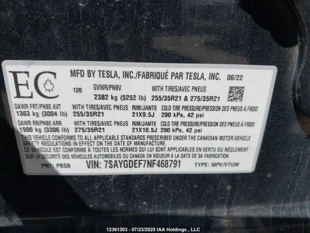 7SAYGDEF7NF468791 Tesla Model Y