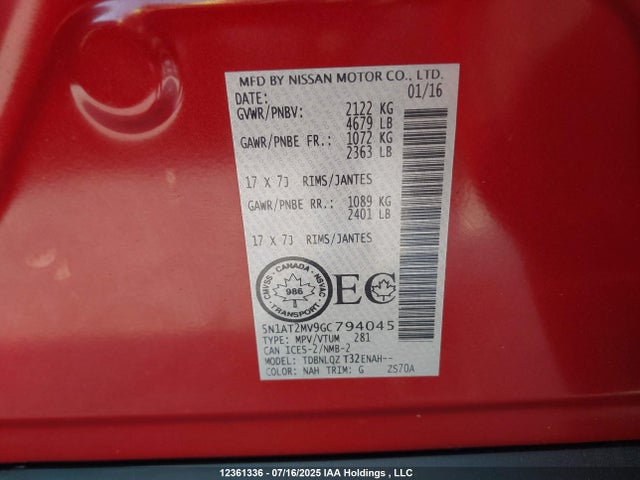 5N1AT2MV9GC794045 Nissan Rogue S/sl Premium/sv