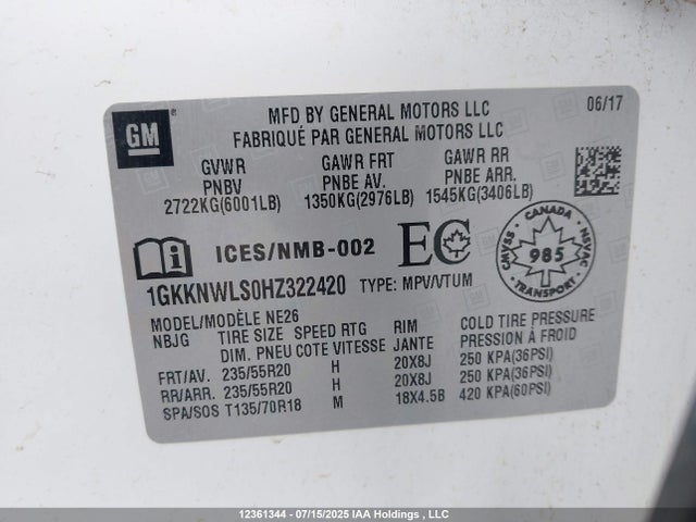 1GKKNWLS0HZ322420 GMC lgx - di: direct injection, vvt: variable valve timing, alum, gen 2
