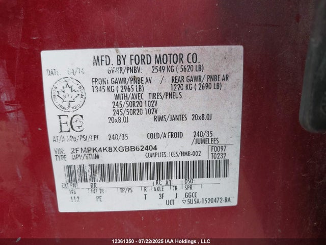 Ford 2016 2016 2FMPK4K8XGBB62404 Image 9