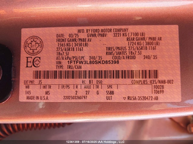 1FTFW3L80SKD85398 Ford gtdi