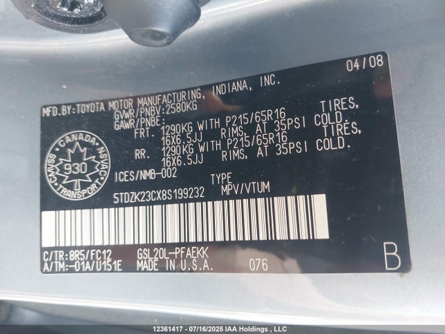 Auction sale of the 2008 Toyota Sienna Ce/le, vin: 5TDZK23CX8S199232, lot number: 12361417