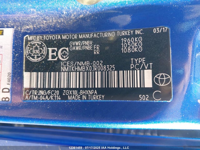 NMTKHMBX0JR008325 Toyota 3zr-fae
