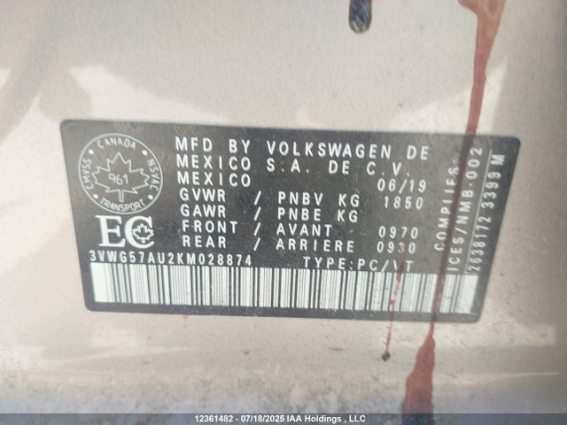 3VWG57AU2KM028874 Volkswagen 2019