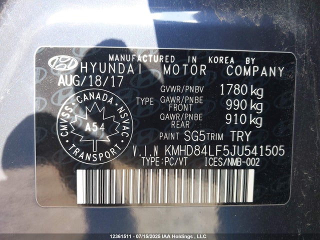 KMHD84LF5JU541505 Hyundai mpi nu
