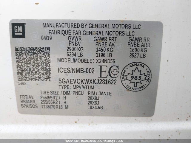5GAEVCKWXKJ281622 Buick lfy - spark ignited direct injection, atss, gen1