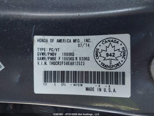 1HGCR2F58EA812523 Honda k24w1