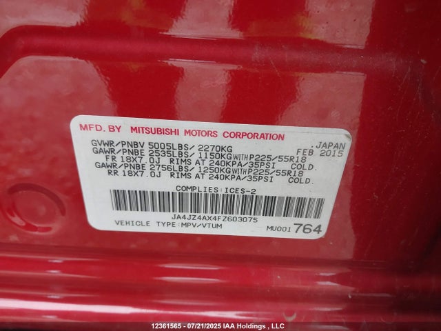 Mitsubishi sohc mivec 2015 JA4JZ4AX4FZ603075 Image 18