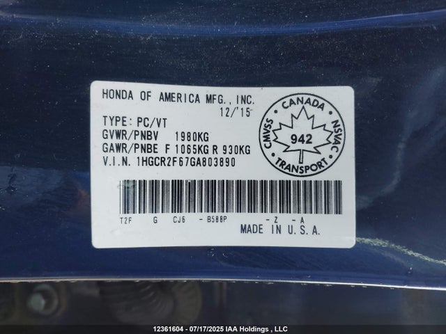 1HGCR2F67GA803890 Honda k24w1