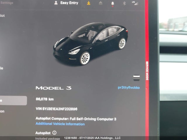 5YJ3E1EA3NF232896 Tesla Model 3 Rwd/standard Range