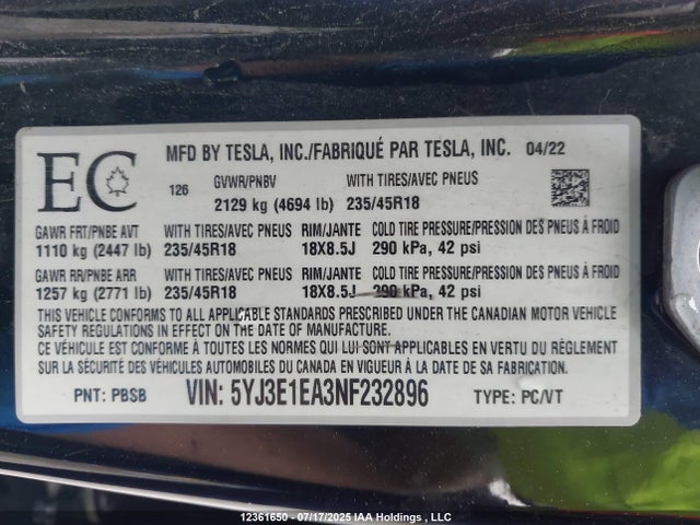 5YJ3E1EA3NF232896 Tesla Model 3 Rwd/standard Range